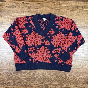 Garnet Hill Navy and Red Floral V-Neck Sweater